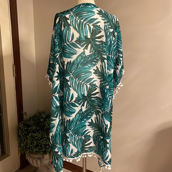 Tropical leaf / Pom Pom beach coverup ONE SIZE loose sleeves open front O/S - Picture 5 of 10